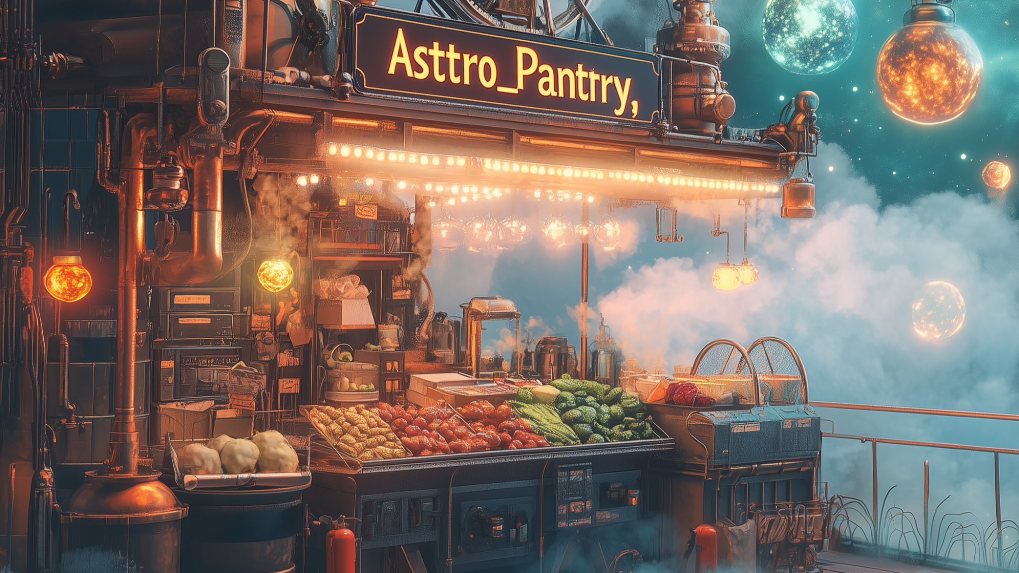 Steam punk Market stall of fresh veggies in space