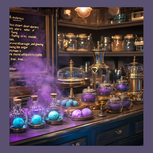 A magical kitchen apothecary scene featuring brass tools, glass jars filled with purple herbs and stardust, glowing blue eggs, and violet smoke rising in a warm, spellbound pantry.